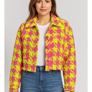 Main Strip Tweed Jacket Women S Neon Yellow Pink Houndstooth Cropped Maximalist